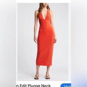 Elegant Orange Plunge Neck Midi Dress